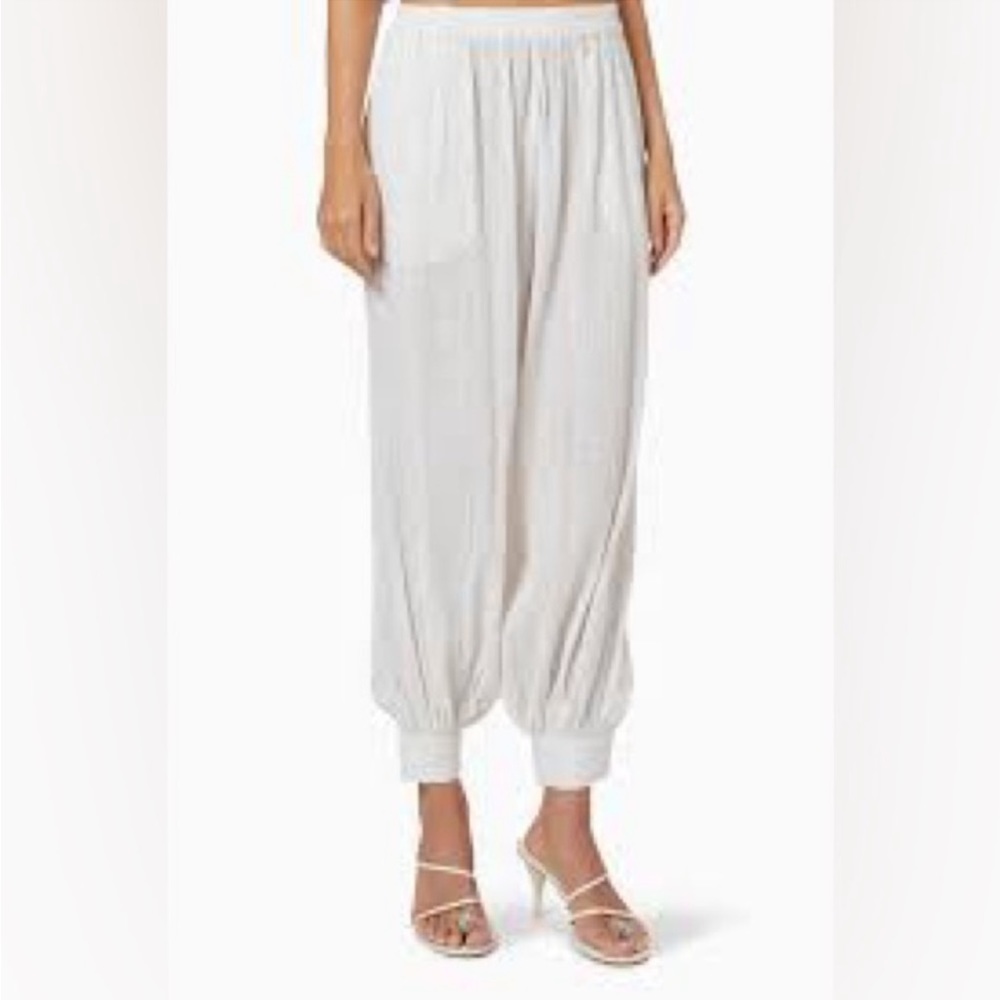 Suzi Kondi White Gauze Haram Pants Silver MetallicThread Cuff Cotton Lurex XS